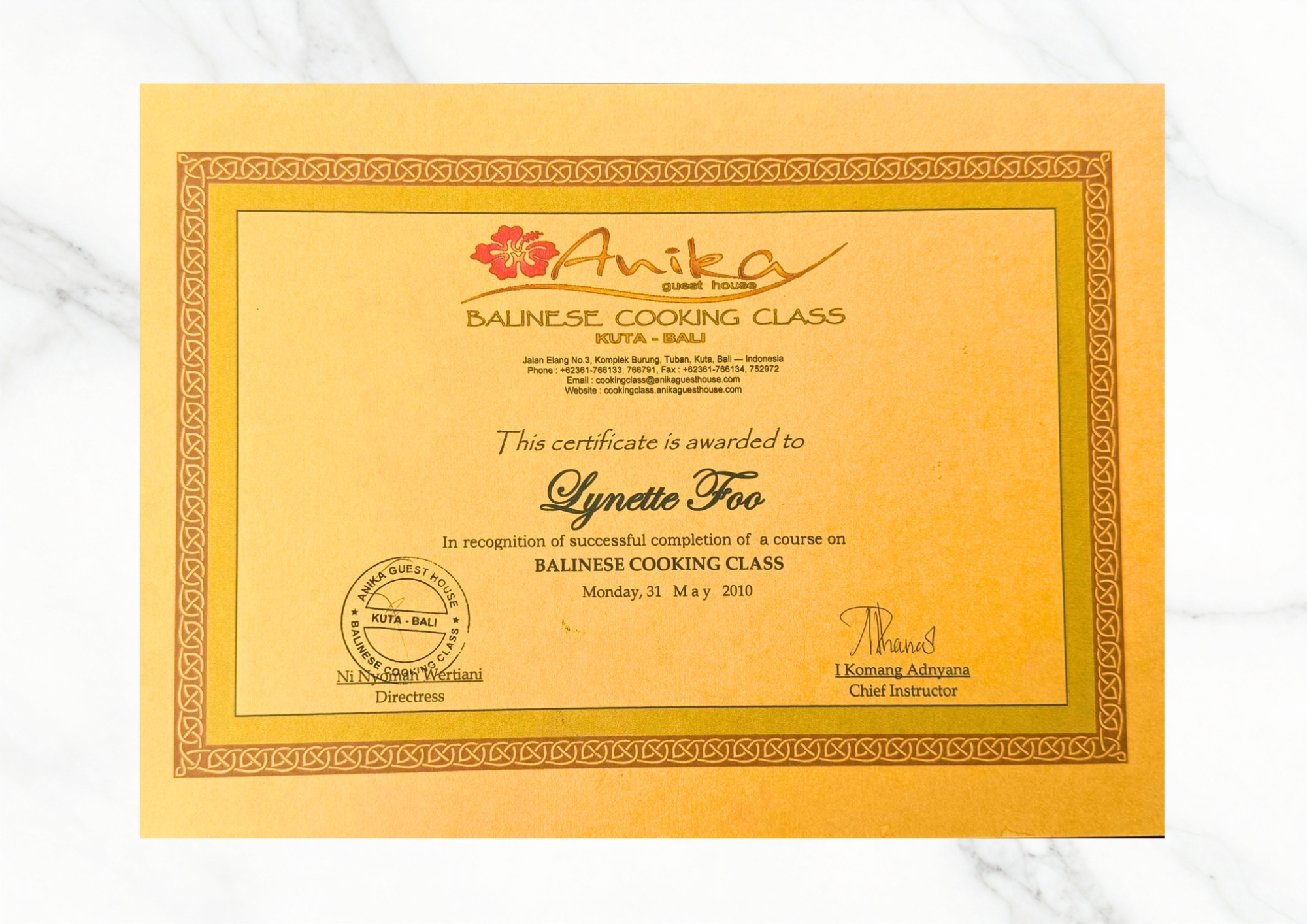 Certificate - Anika - Balinese Cuisine