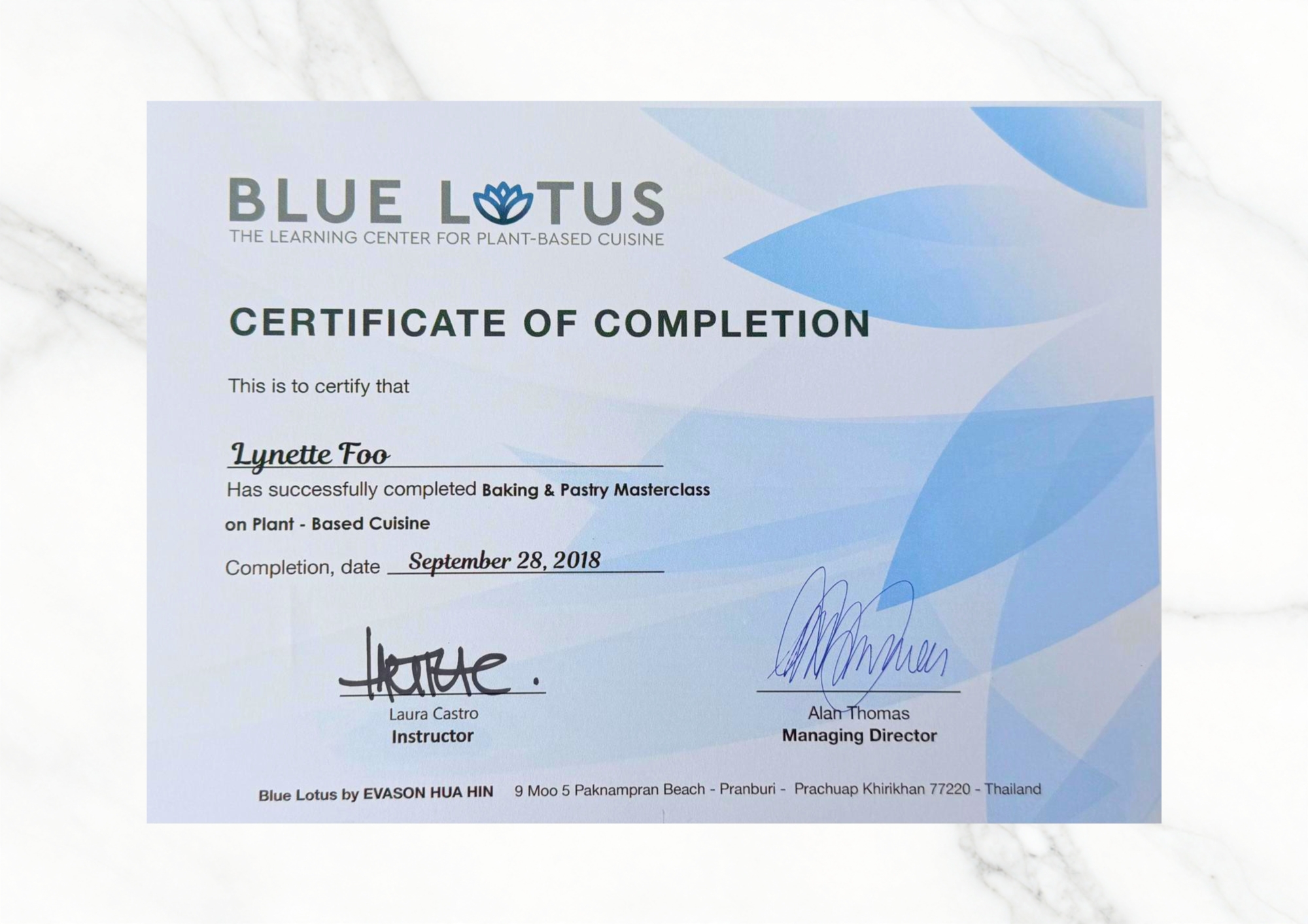 Certificate - Blue Lotus - Plant Based Pastry
