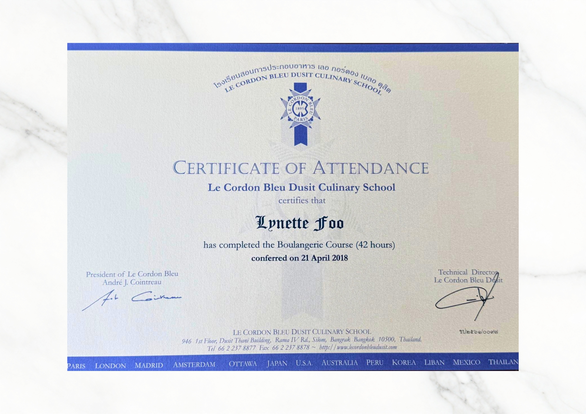 Certificate - Le Cordon Bleu - Boulangerie