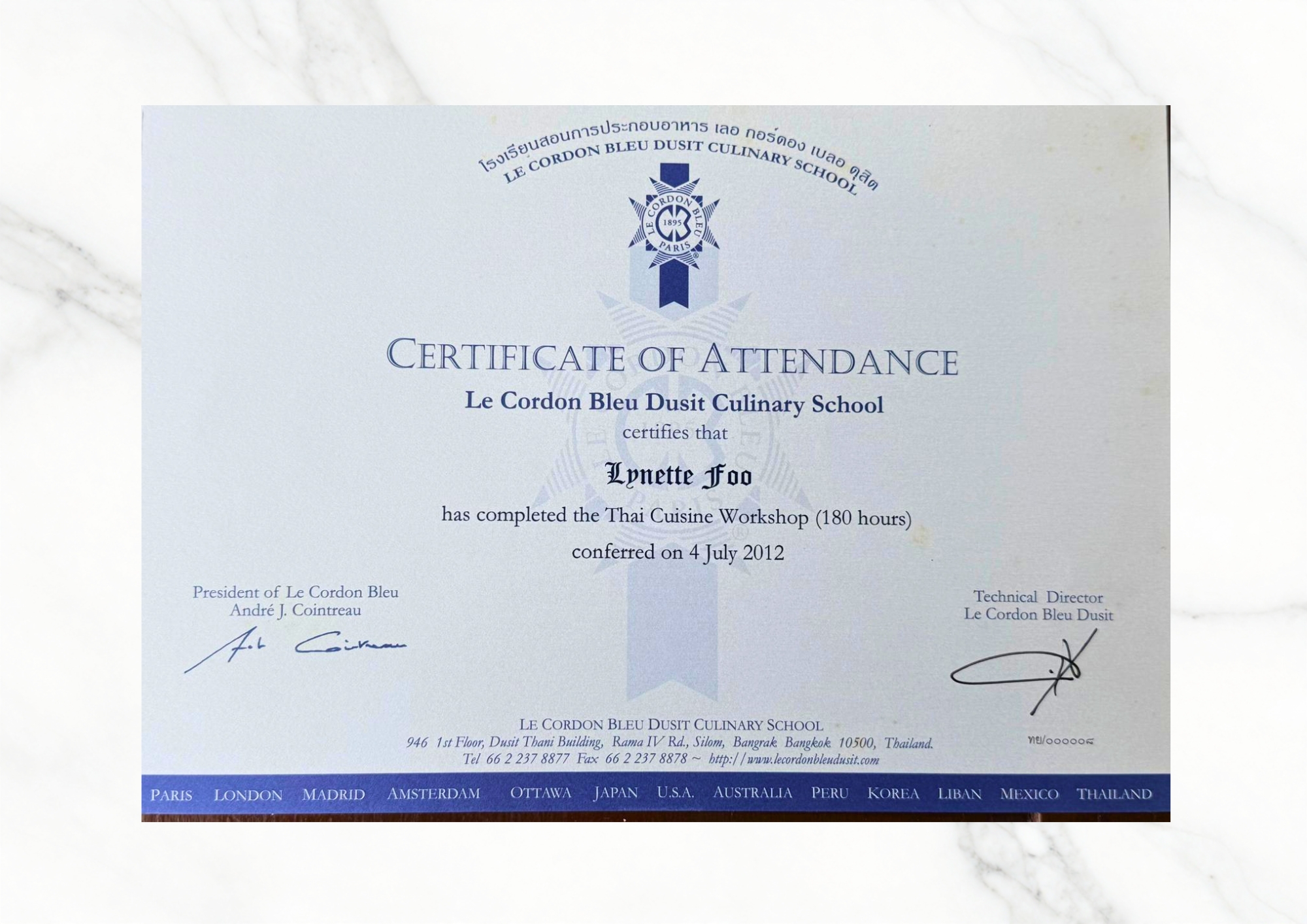 Certificate - Le Cordon Bleu - Thai Cuisine