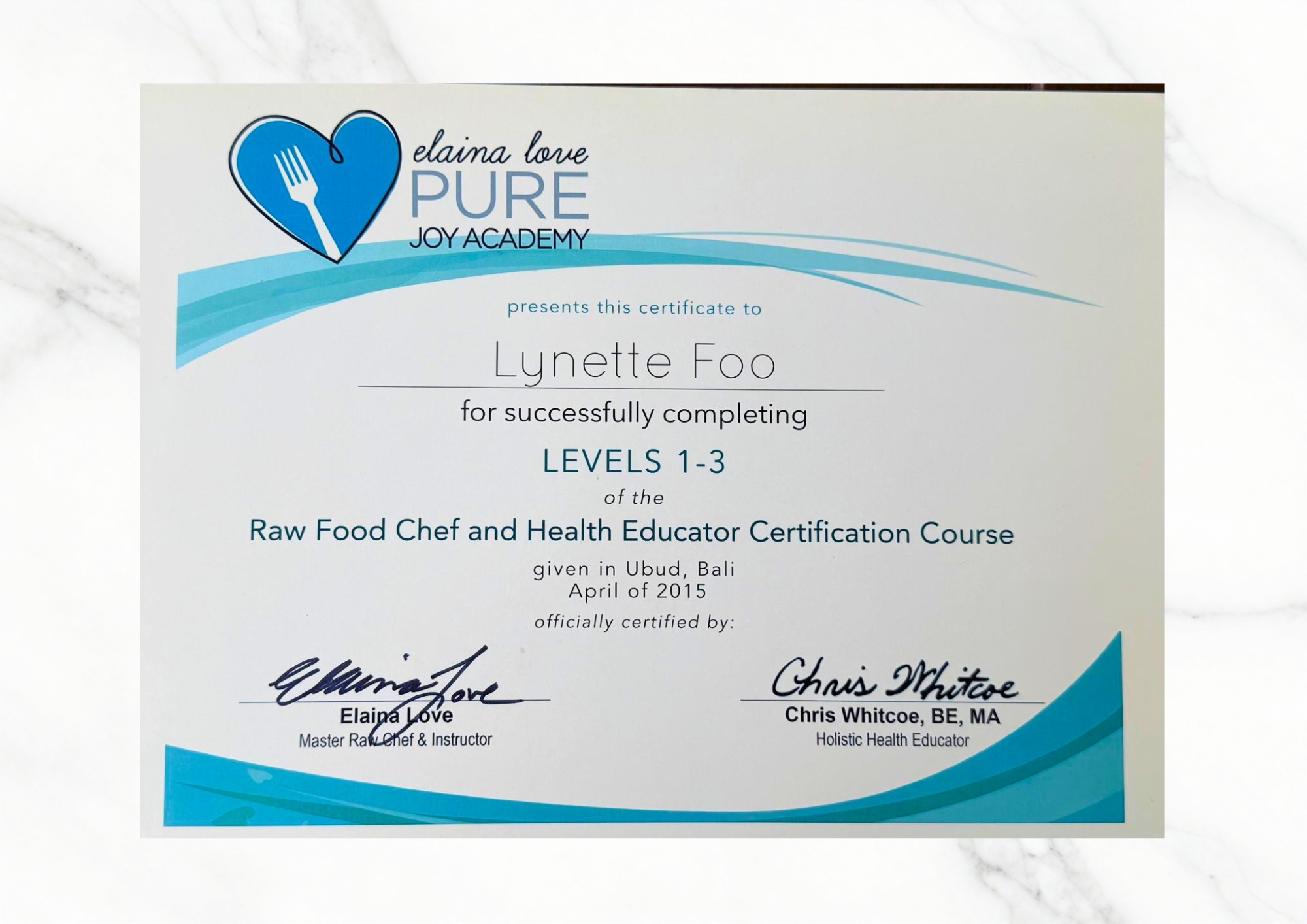 Certificate - Elaina Love Pure Joy Academy - Raw Food