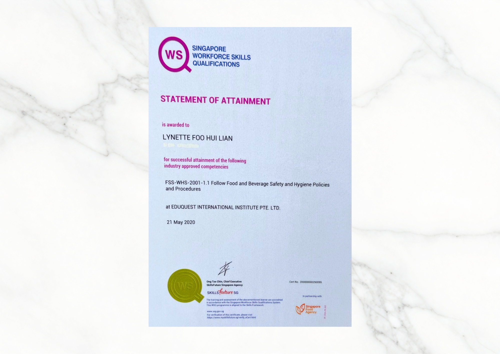 Certificate - WSQ - Food Hygiene